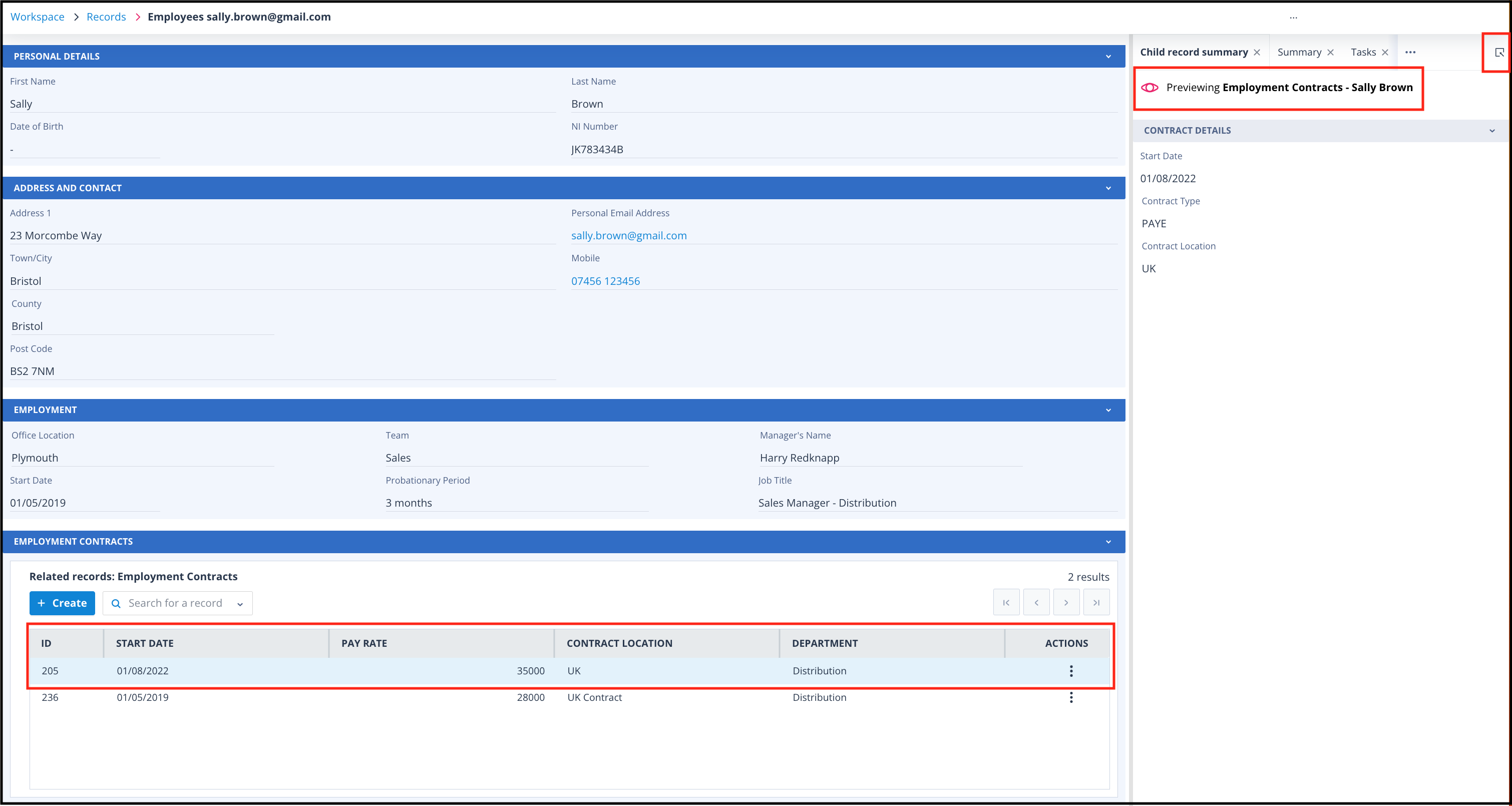 Child record summary tab showing preview text and icon