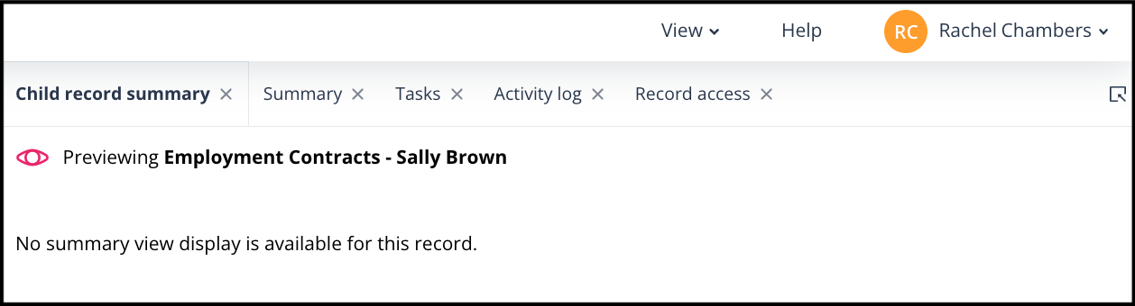 Child record summary tab shown when the summary view is unavailable