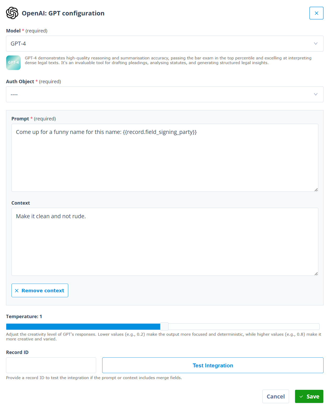 OpenAI GPT configuration modal showing model, authentication object, prompt, context, temperature, record ID, test integration, and save settings