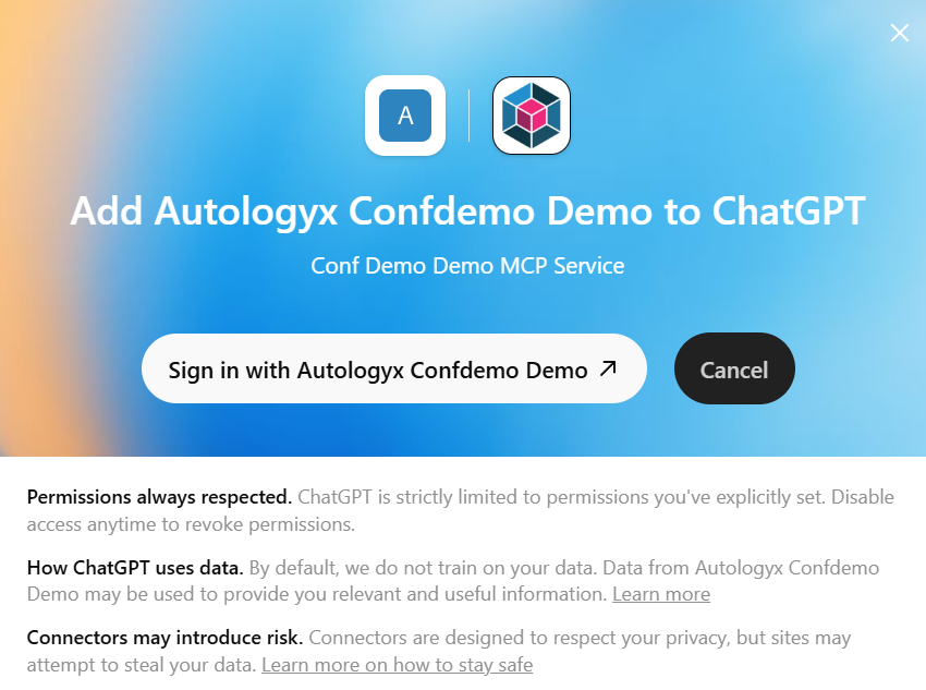 OpenAI Web modal asking the user to add the Autologyx app to ChatGPT and sign in with Autologyx