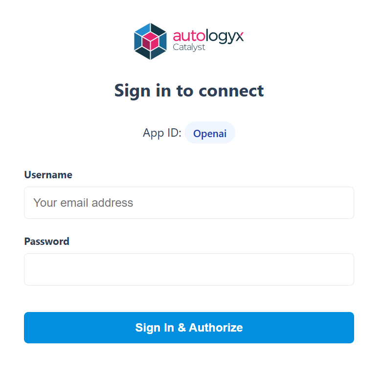 Autologyx Catalyst sign-in page used to authorise the OpenAI Web MCP connection