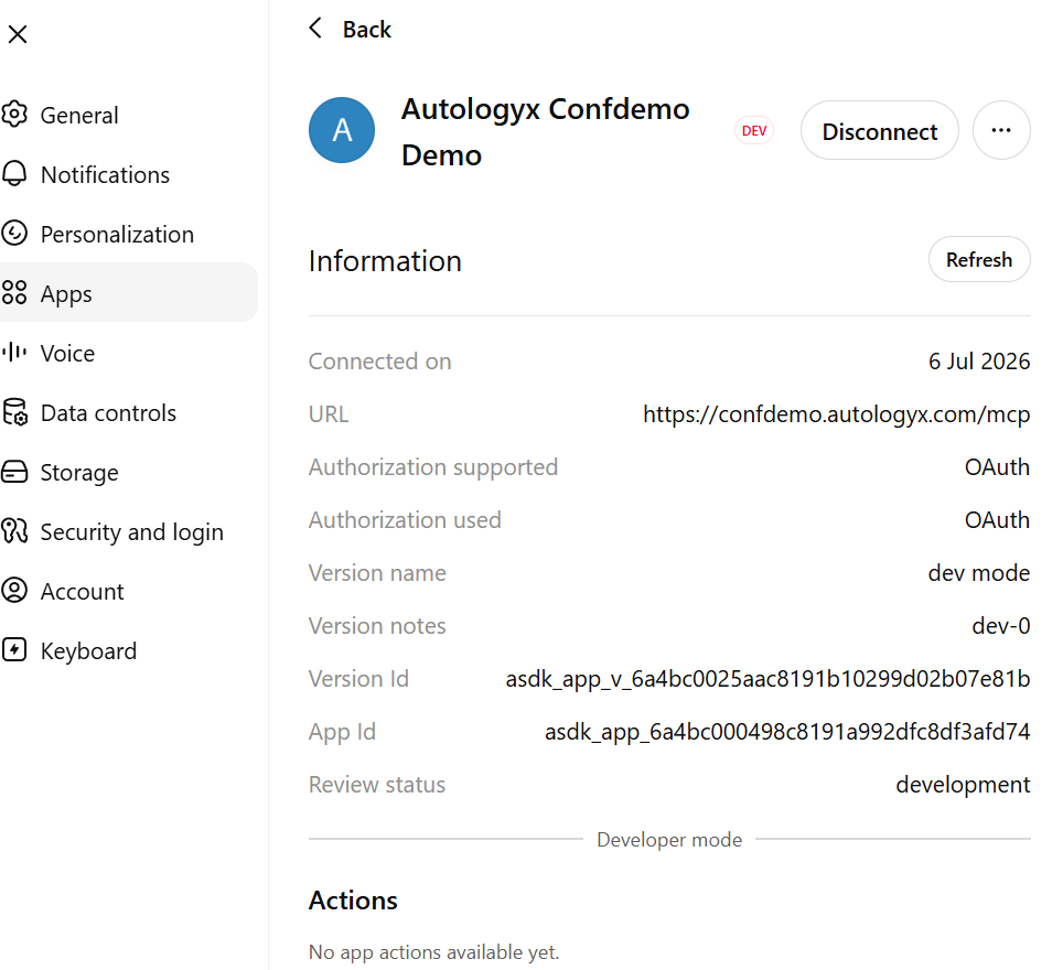 OpenAI Web app details page showing the Autologyx app connected with a Disconnect button