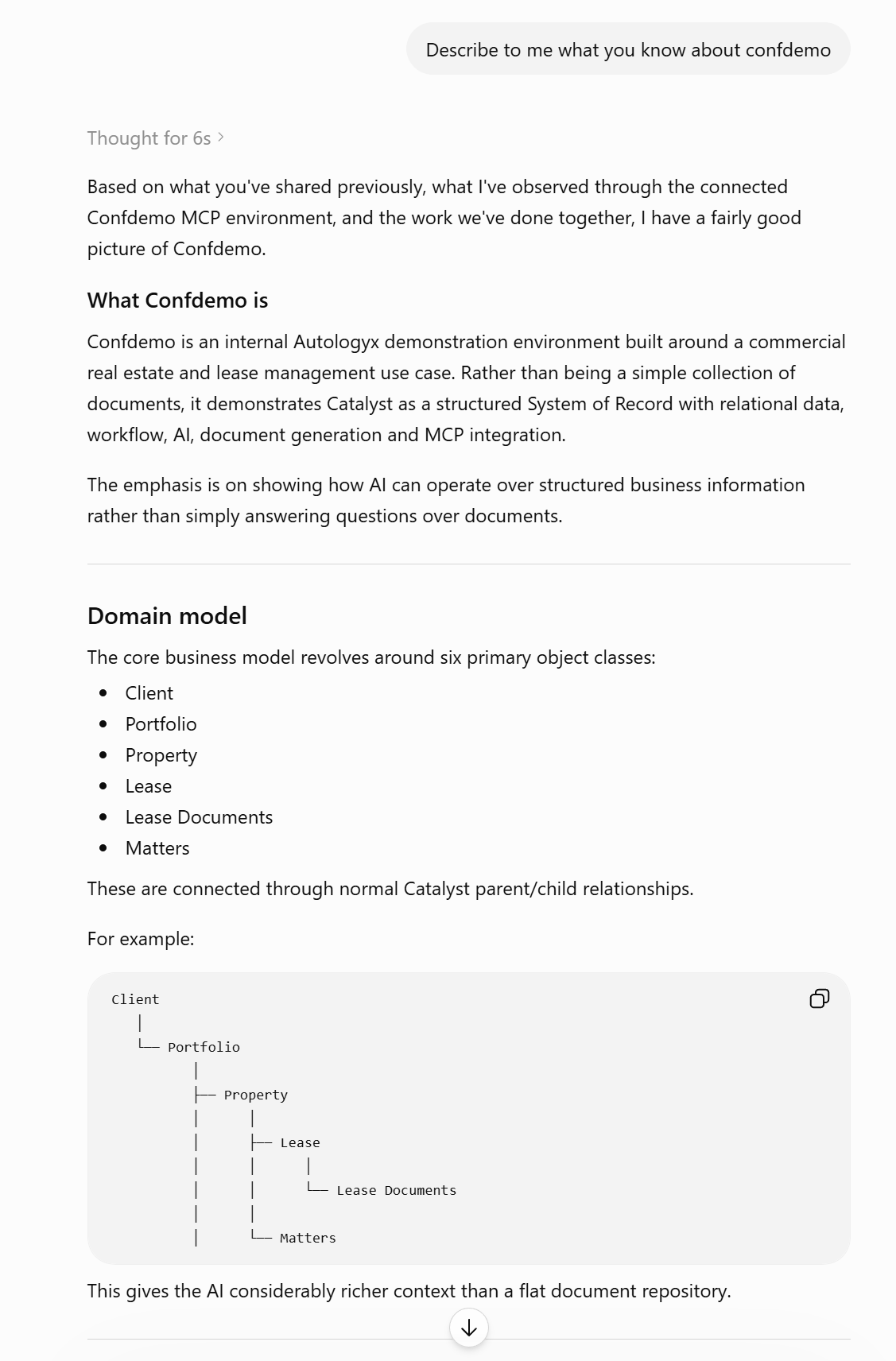 OpenAI Web chat showing a successful response after connecting to the Autologyx MCP endpoint