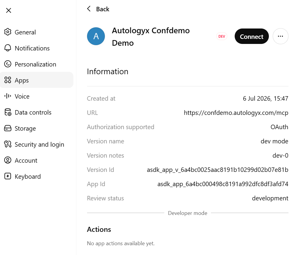 OpenAI Web app details page showing the Autologyx app in draft mode with a Connect button