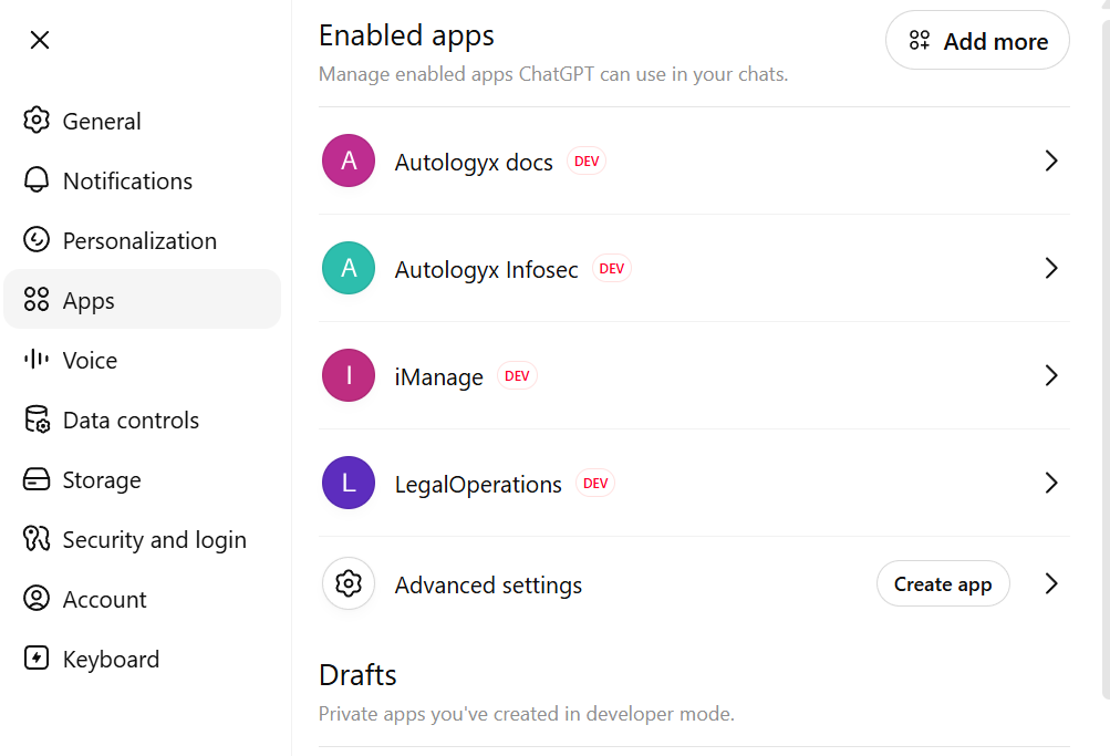 OpenAI Web settings page showing enabled apps and the Add more button