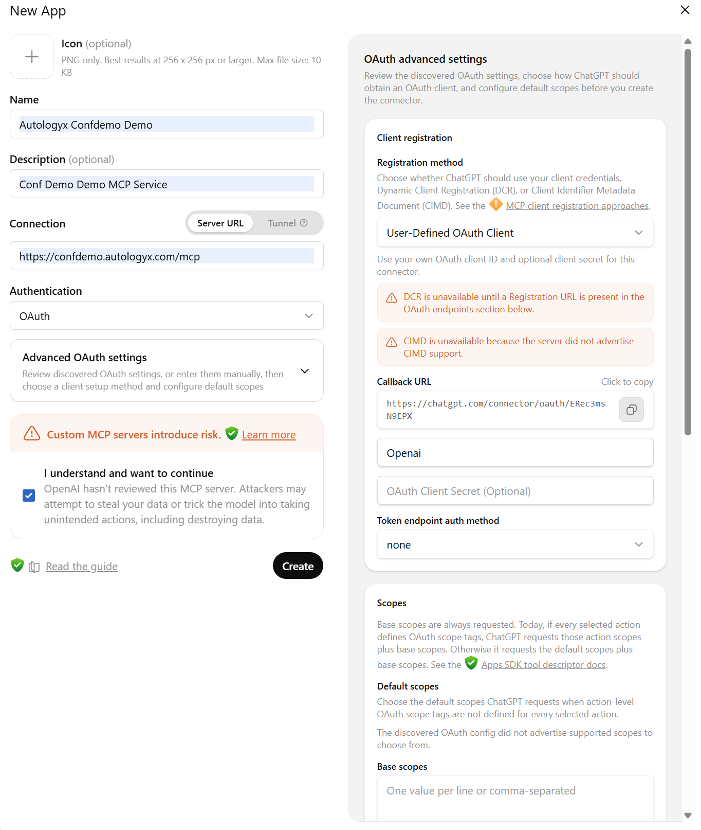 OpenAI Web New App screen showing the Autologyx MCP server URL, OAuth authentication, advanced OAuth settings, and Create button