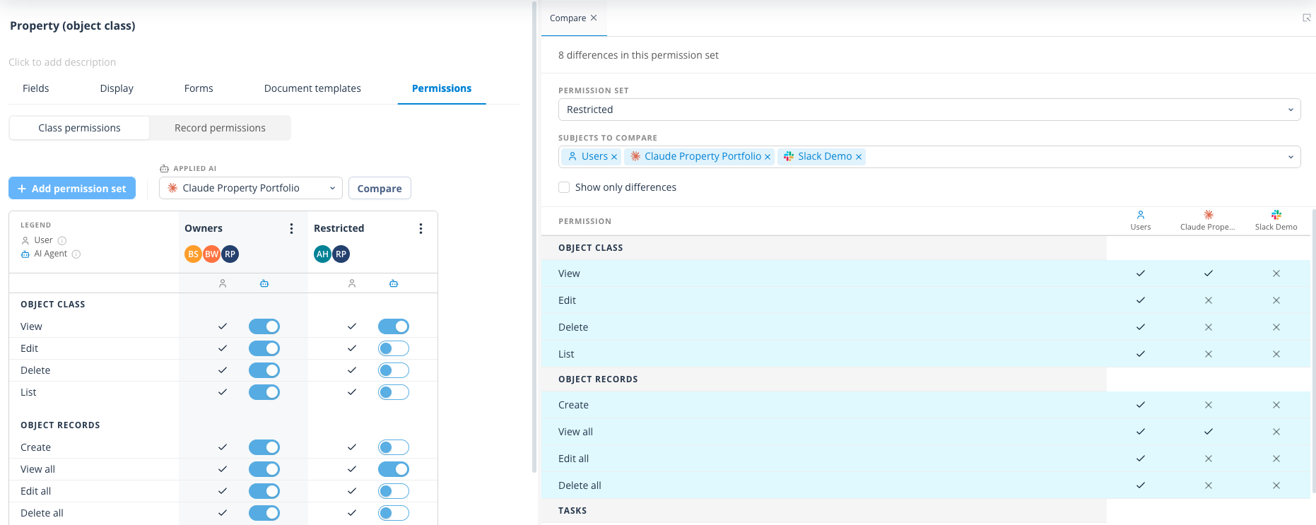 Permissions comparison panel showing multiple subjects and highlighted differences