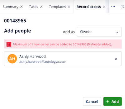 Warning message showing that only one Owner can be assigned