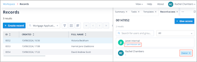 Record Access tab showing the Owner and Assignees list