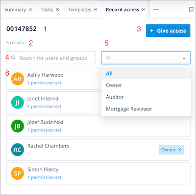 Record Access tab showing the available controls and filters