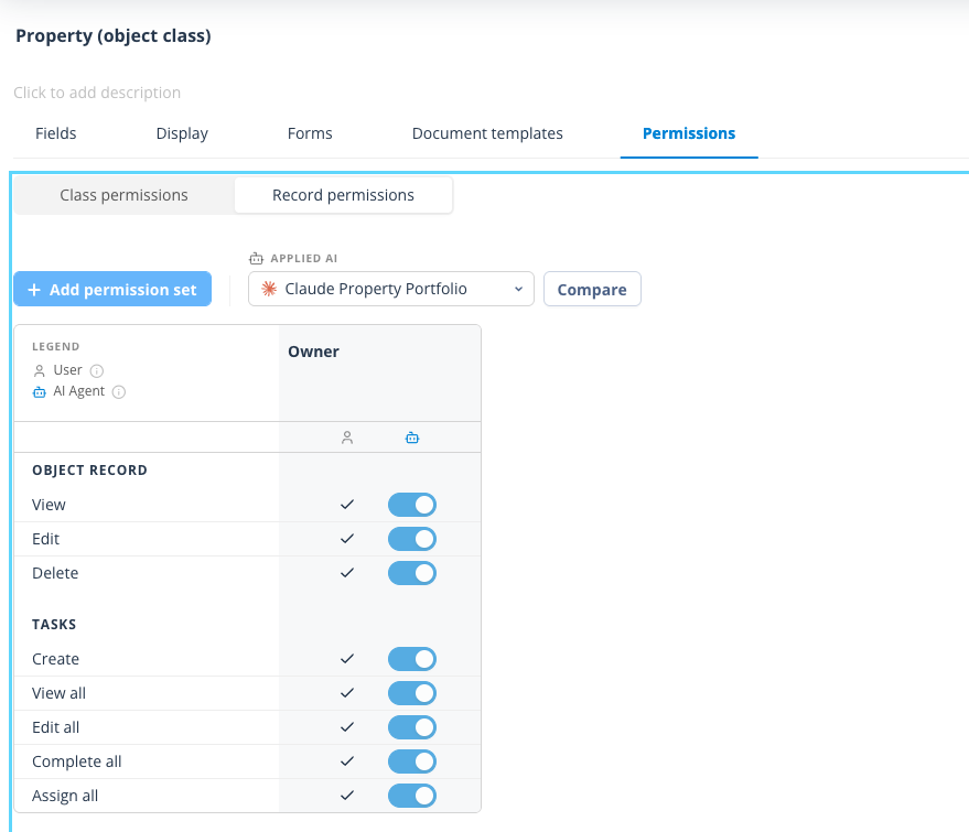 Record Permission Set in edit mode showing API values and MCP connector toggles
