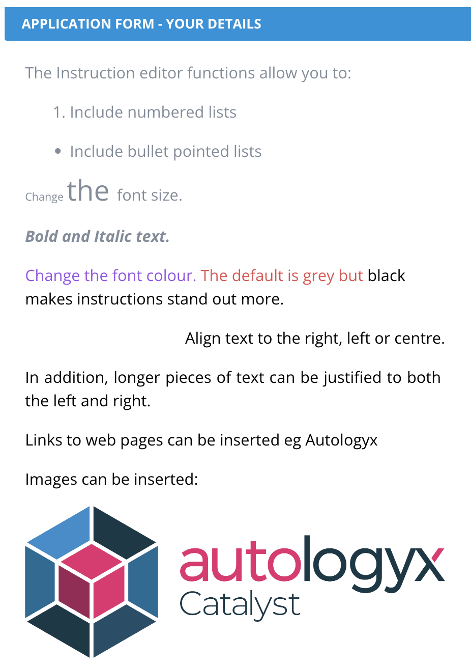 Instruction component displayed on the form