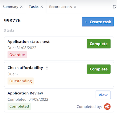 Tasks tab showing completed and outstanding Tasks for an Object record