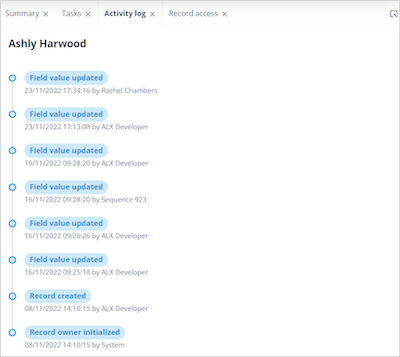 Activity log tab showing Object record history events
