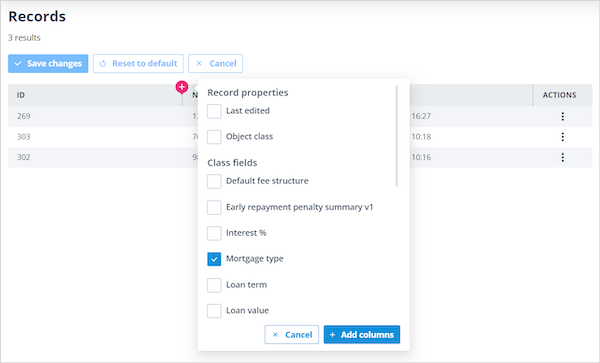 Column configuration showing Object class fields