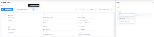 Records list filter editor showing record properties and Object class fields
