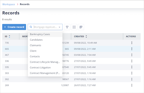 Object class selector on the Records list