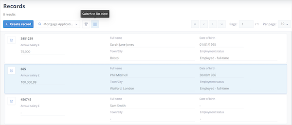 Records displayed in Card View