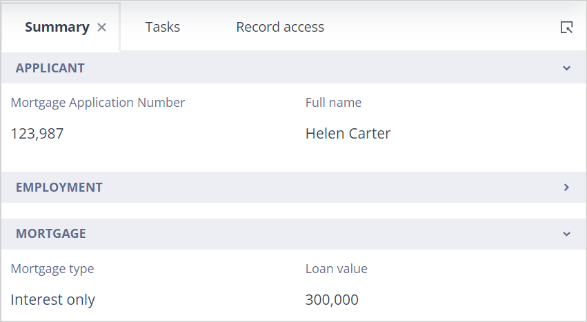 Summary tab showing configured Object record information