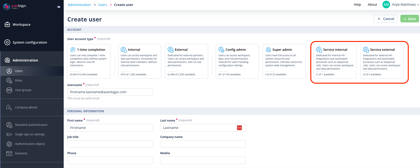 Service Account user type tiles in the Create User page