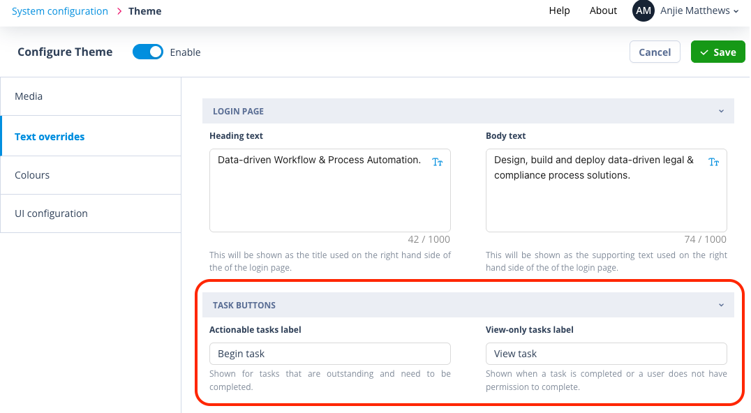 Task button label settings in Theme Text Overrides