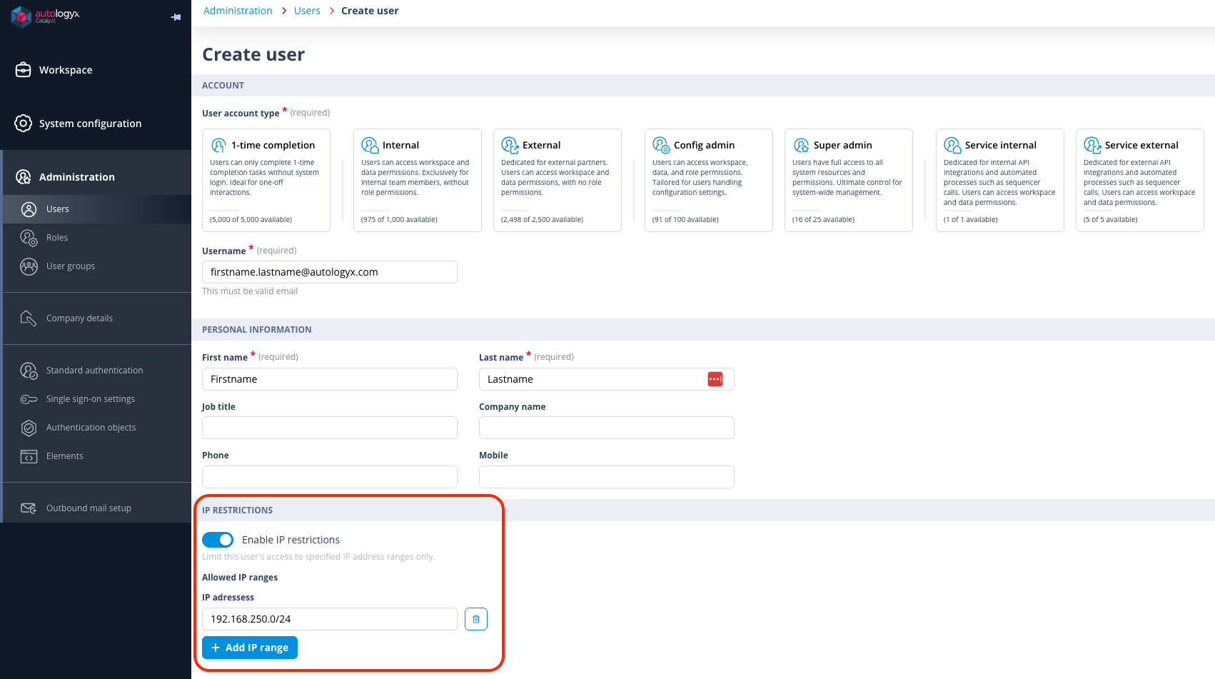 IP Restrictions section on the user form