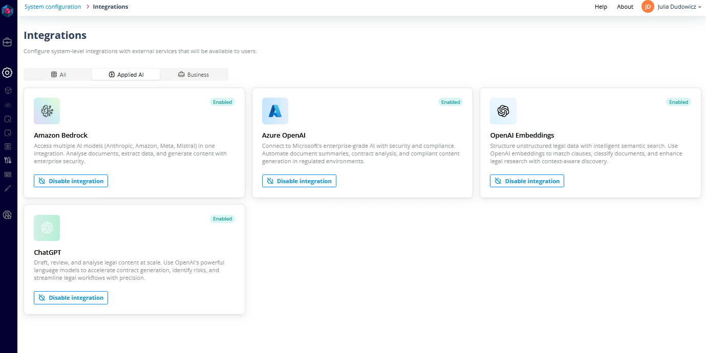 Integrations page showing available integrations and Applied AI providers