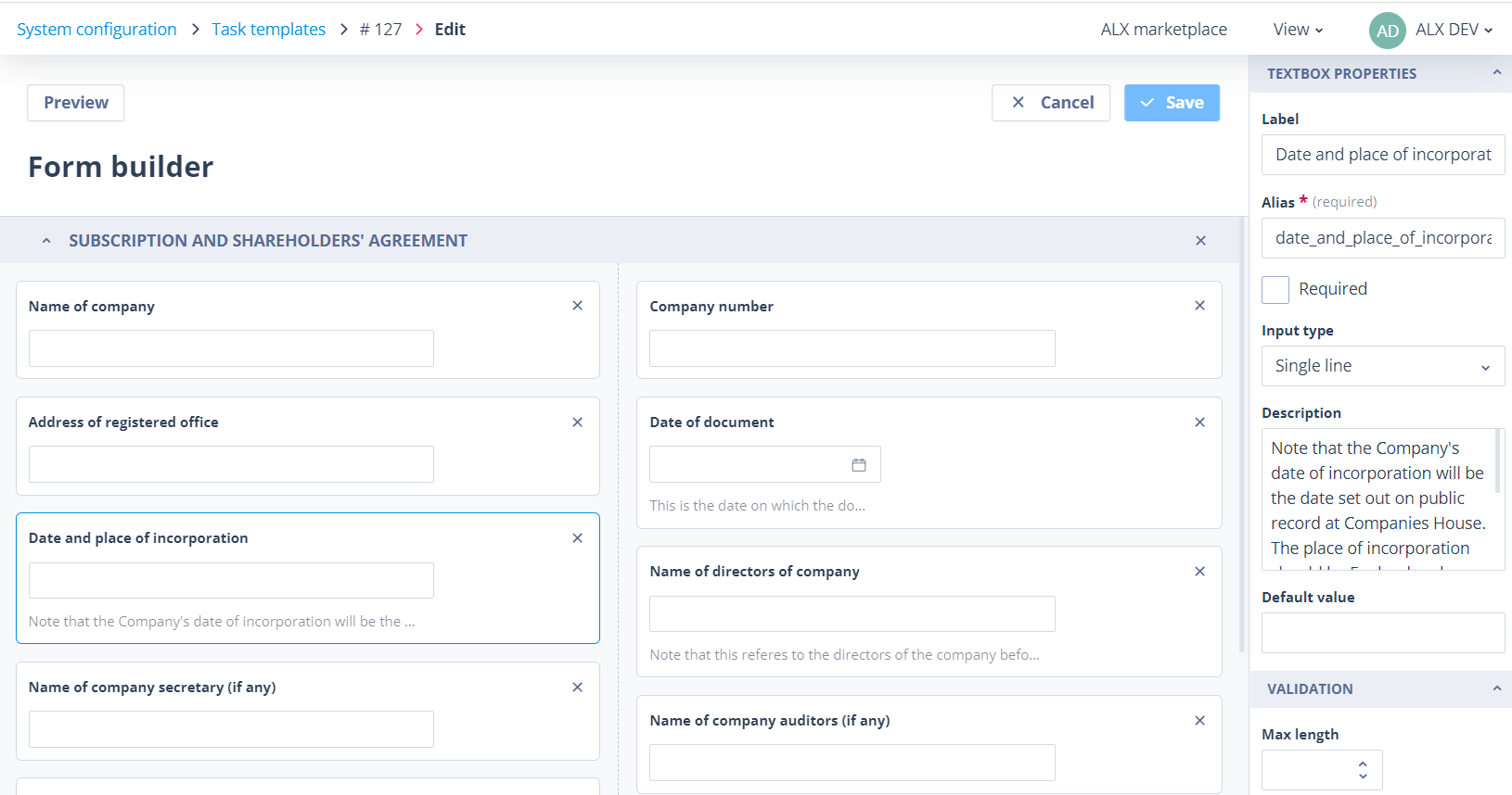 Description text configured below a Task template field