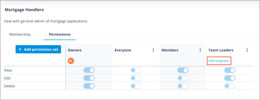 New permission set showing the Add assignees option