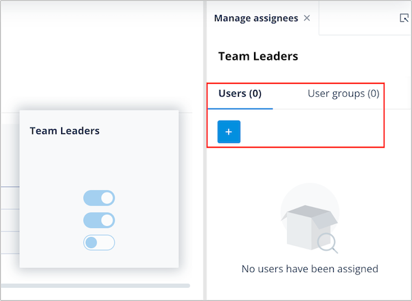 Manage assignees dialog showing Users and User Groups tabs