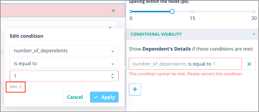 Edit condition modal showing that the condition can never be met
