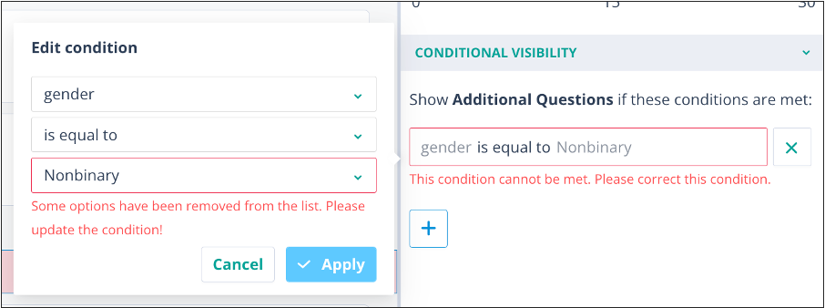 Edit condition modal showing an invalid option used in conditional logic