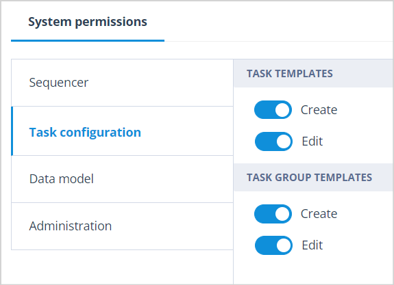 Role permissions showing Create and Edit enabled for Task Templates