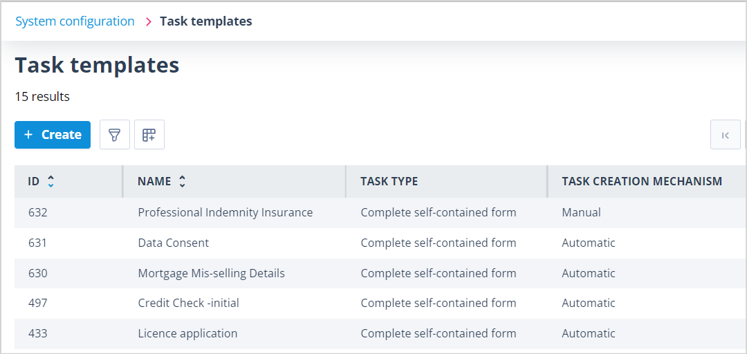 Task Templates list showing the Create button and editable rows