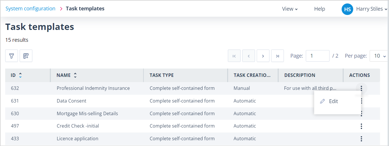 Task Templates list with the Create button removed