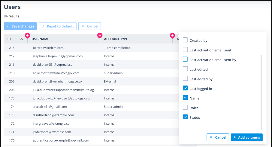Actions menu showing available user account actions